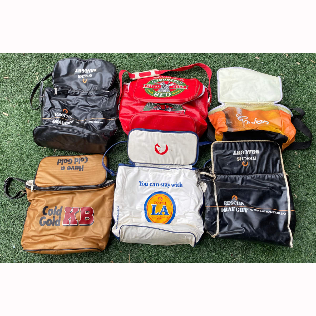 6 Beer Advertising Cooler Bags: 2 x Reschs Draught; Tooheys Red; Coopers; Cold Gold KB; Tooth LA.