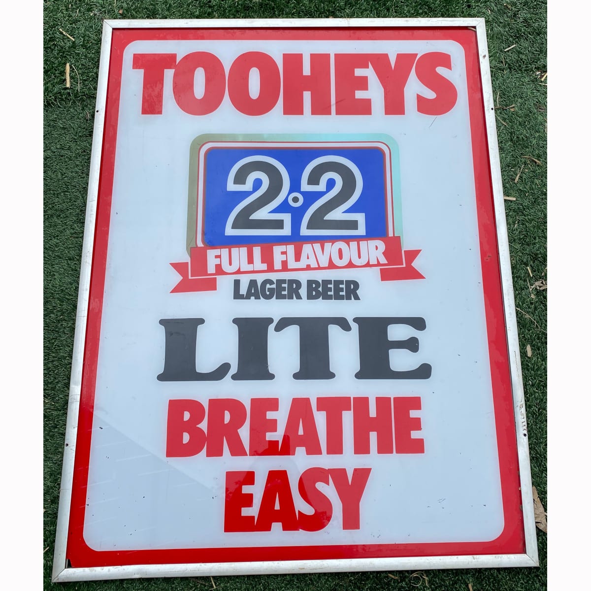 Large Perspex Sign. Tooheys 2.2 Full Flavour Lager Beer. Lite. Breathe Easy. (Not for post. Arrangements will have to be made by winning bidder for pickup or courier delivery) (New South Wales)