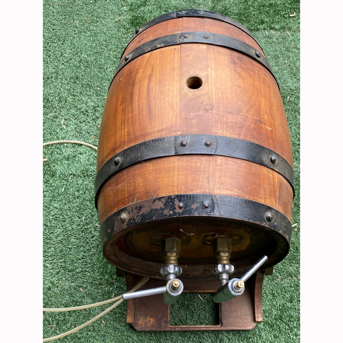 Two beer taps with lines attached on a "barrel". Looks like internal space for a cooling unit or similar. (Not for post. Arrangements will have to be made by winning bidder for pickup or courier delivery)