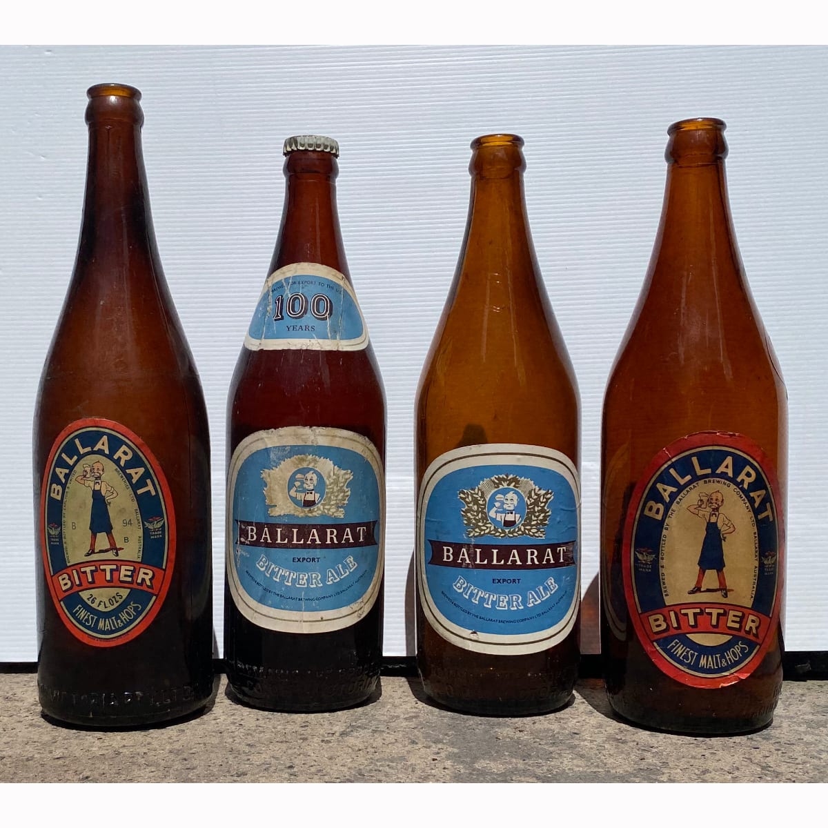 4 different Ballarat labelled Beer Bottles: 2 x Ballarat Export Bitter Ale; 2 x different Ballarat Bertie, Ballarat Bitter labels. All on various MBCV crown seal beers. (Victoria)