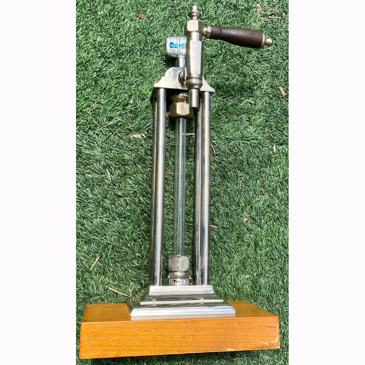 Very heavy steel & glass beer tap apparatus. Carlton on barrel at top is plastic. Mounted on board. Carlton & United Breweries Ltd. (Not for post. Arrangements will have to be made by winning bidder for pickup or courier delivery)   (Victoria)