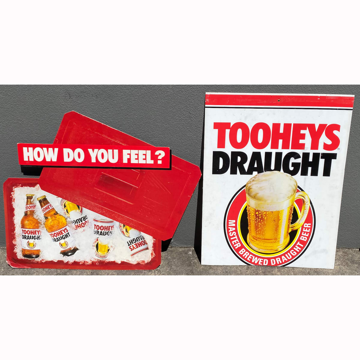 2 Signs. Corflute Tooheys Draught and Heavy cardboard "How do you feel?" with an esky of Tooheys Draught. (Not for post. Arrangements will have to be made by winning bidder for pickup or courier delivery)  (New South Wales)