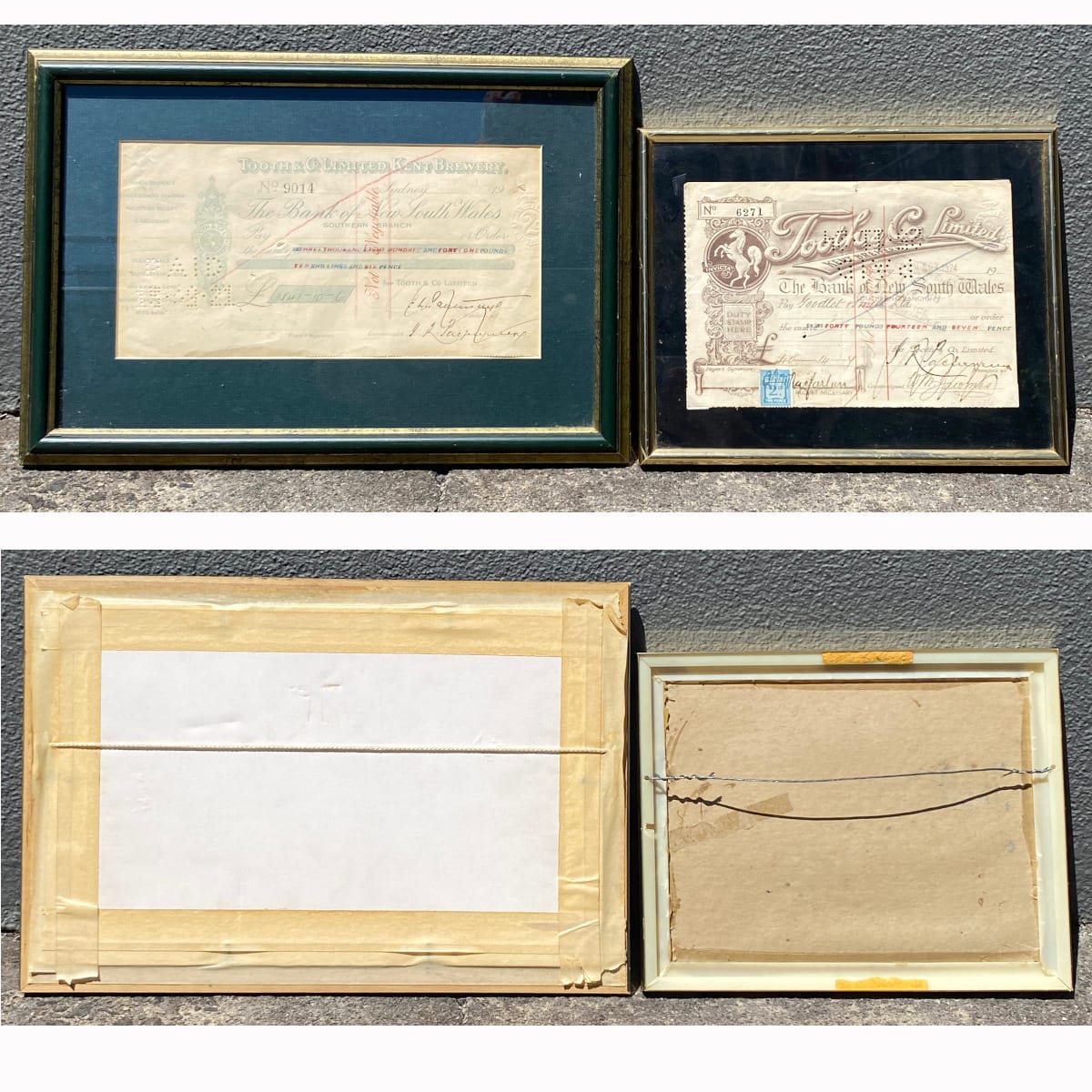 2 Framed Tooth & Co Limited Cheques. Dated 1921 & 1924. Different designs. (Sydney, New South Wales)