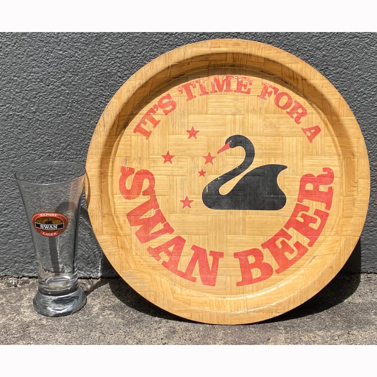 2 Swan Brewery Items: Raffia like serving tray, It's time for a Swan Beer and Swan Export Lager Beer Glass. (Western Australia)
