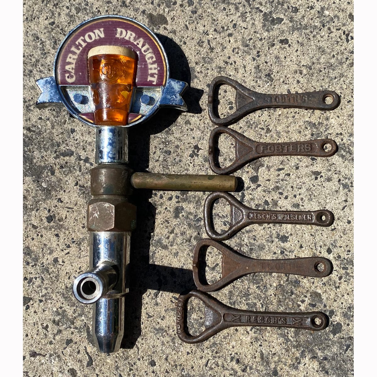 6 Items: Tap with plastic Carlton Draught tap marker; 5 crown seal openers: 2 different Reschs; Tooth; Tooths; Fosters Lager.