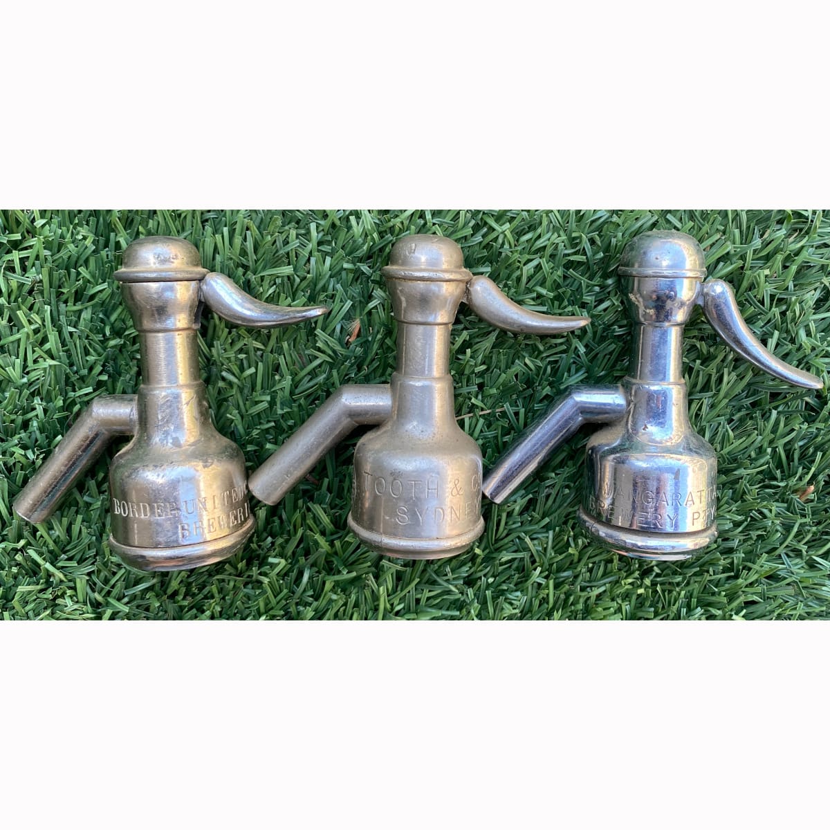 3 Metal Soda Syphon Spouts: Border United Co-operative Breweries Ltd; Tooth & Co Ltd, Sydney; Wangaratta Brewery Pty Ltd.
