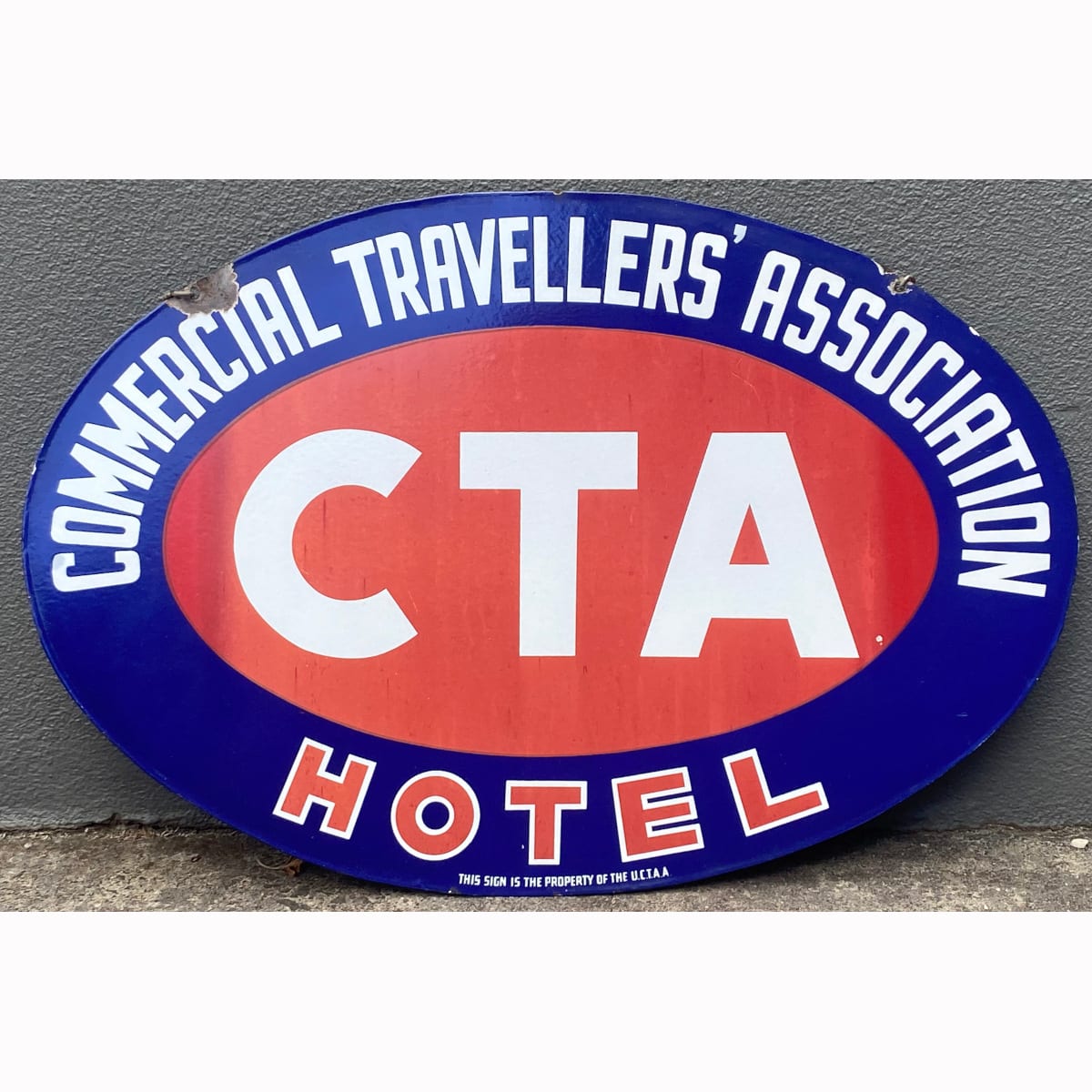 Enamel Sign. Commercial Travellers Association Hotel. Double Sided. Red, White & Blue. (Not for post. Arrangements will have to be made by winning bidder for pickup or courier delivery)