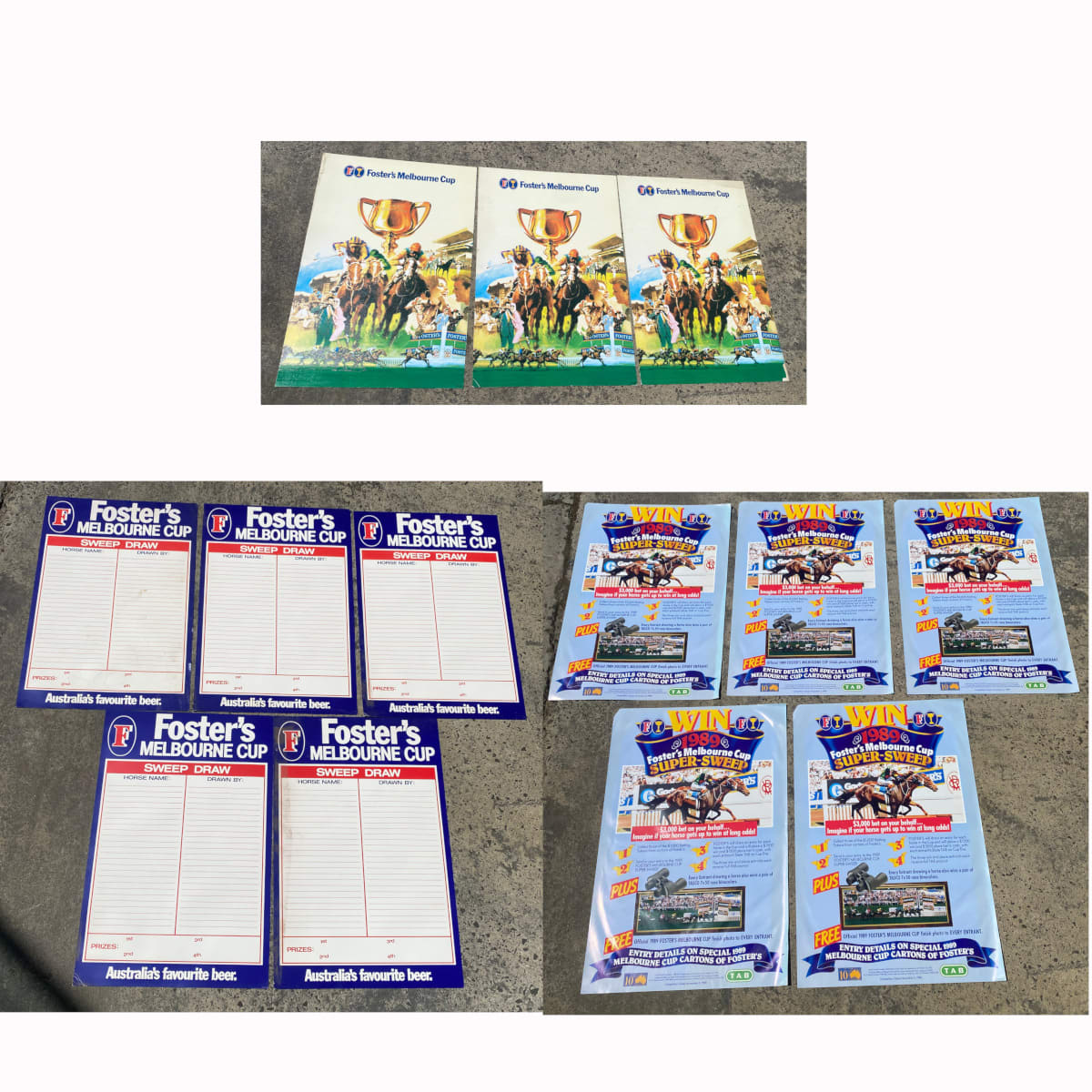 13 Fosters Melbourne Cup Items: 5 x 1989 Super Sweep Advertising Posters; 5 x cardboard unused sweep draw posters; 3 x Fosters Melbourne cup cardboard advertising posters. (Not for post. Arrangements will have to be made by winning bidder for pickup or courier delivery)