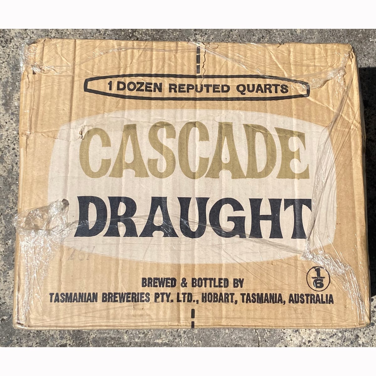 Cardboard Box. Cascade Draught. One Dozen Reputed Quarts. Tasmanian Breweries Pty. Ltd. Hobart. (Tasmania)