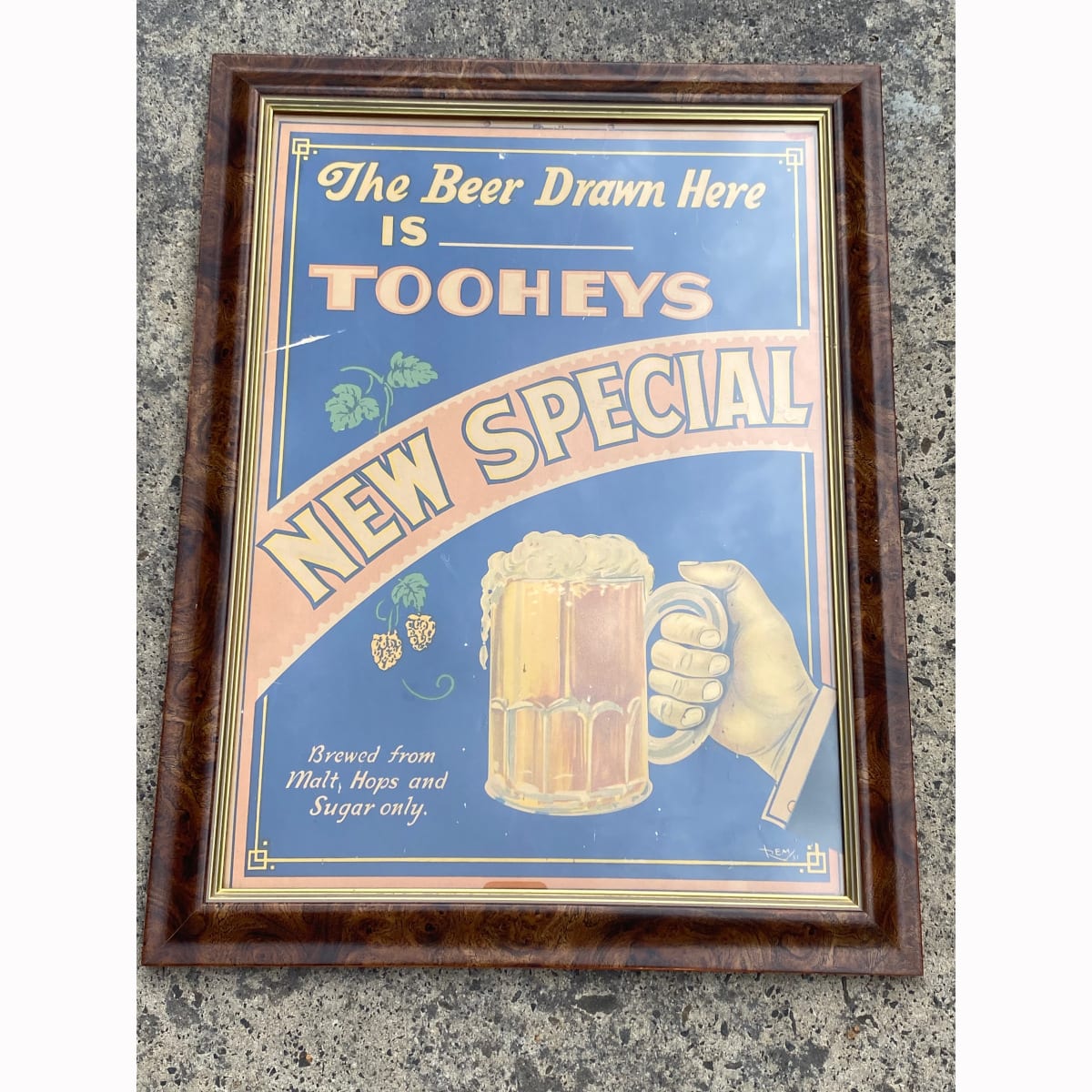 Framed original Cardboard Advertising Sign. The Beer drawn here is Tooheys New Special. (Sydney, New South Wales) (Not for post. Arrangements will have to be made by winning bidder for pickup or courier delivery)