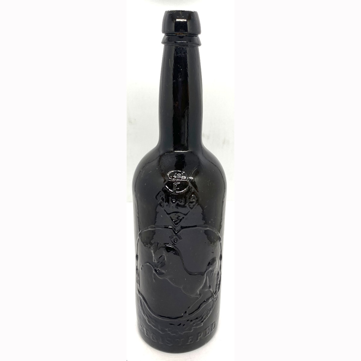 Beer. Black Horse Ale. Black Glass. Tall. 26 oz. Straight sided top.