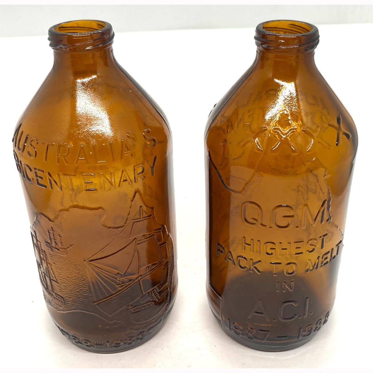 2 Commemorative Stubbies: Australia's Bicentenary. QGM Highest Pack to Melt. 1987-88. XXXX. (Queensland)