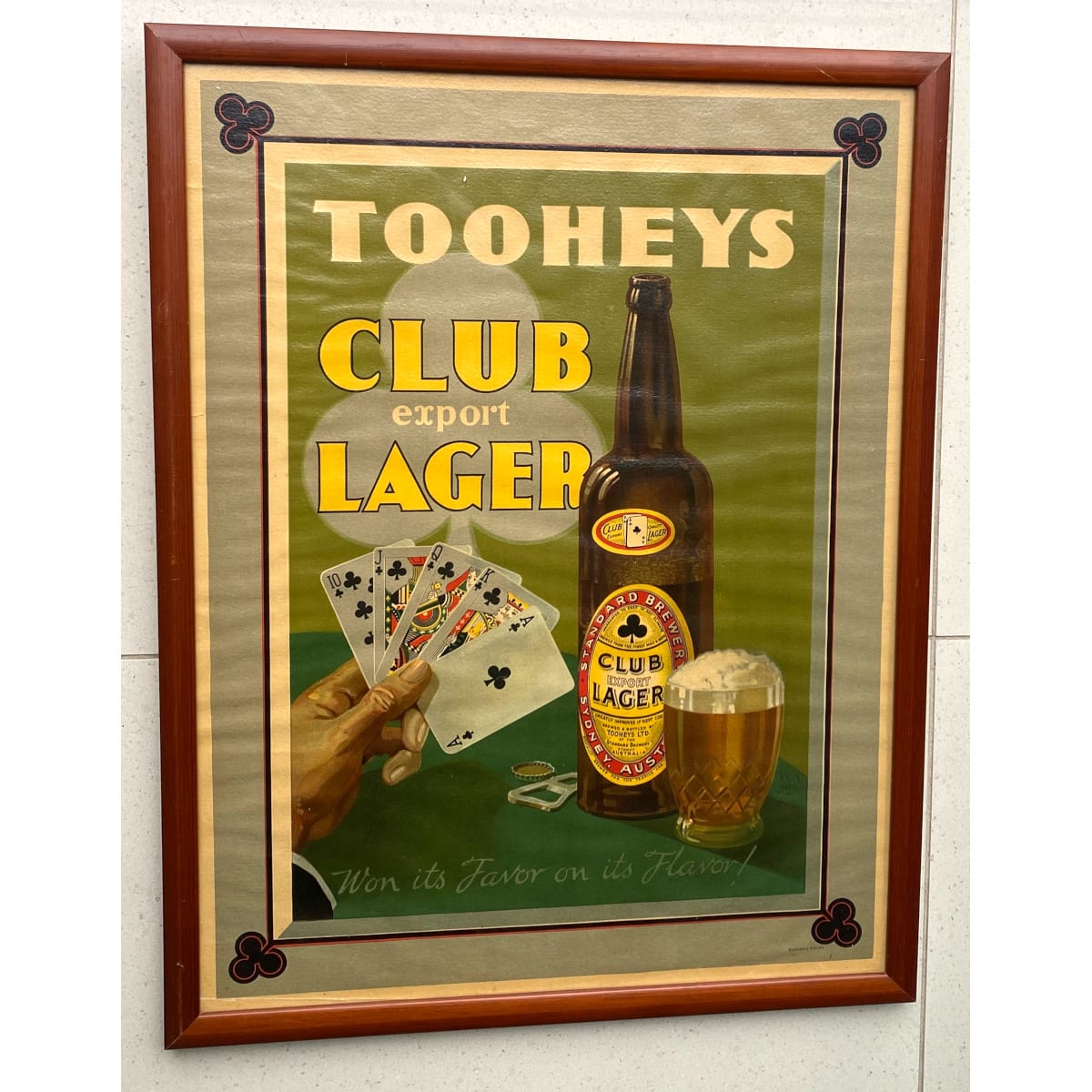 Framed original advertising print. Tooheys Club Export Lager. Bottle, Glass and Royal Flush in Clubs! Walter Jardine. Brooks Print. (Sydney, New South Wales) (Not for post. Arrangements will have to be made by winning bidder for pickup or courier delivery)