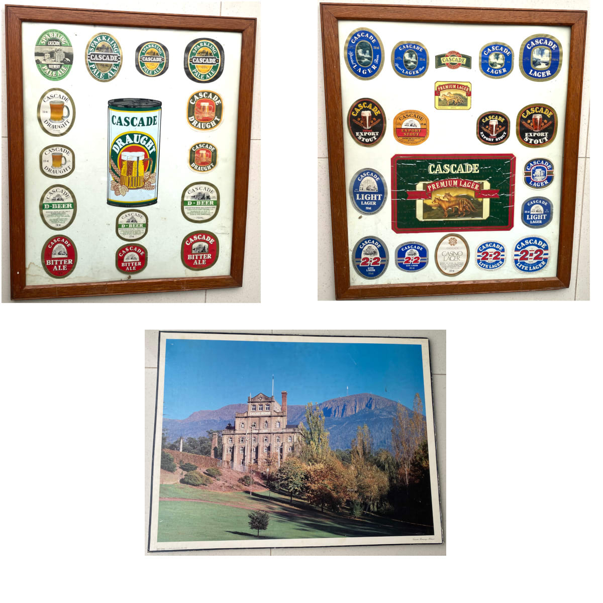 3 Items: 2 Framed groups of Cascade Brewery labels and advertising plus a print of the Cascade Brewery on hard board. (Hobart, Tasmania) (Not for post. Arrangements will have to be made by winning bidder for pickup or courier delivery)