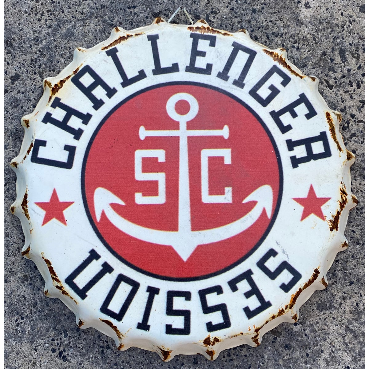 Sign in shape of a Crown Seal Cap. Challenger Session. Anchor.