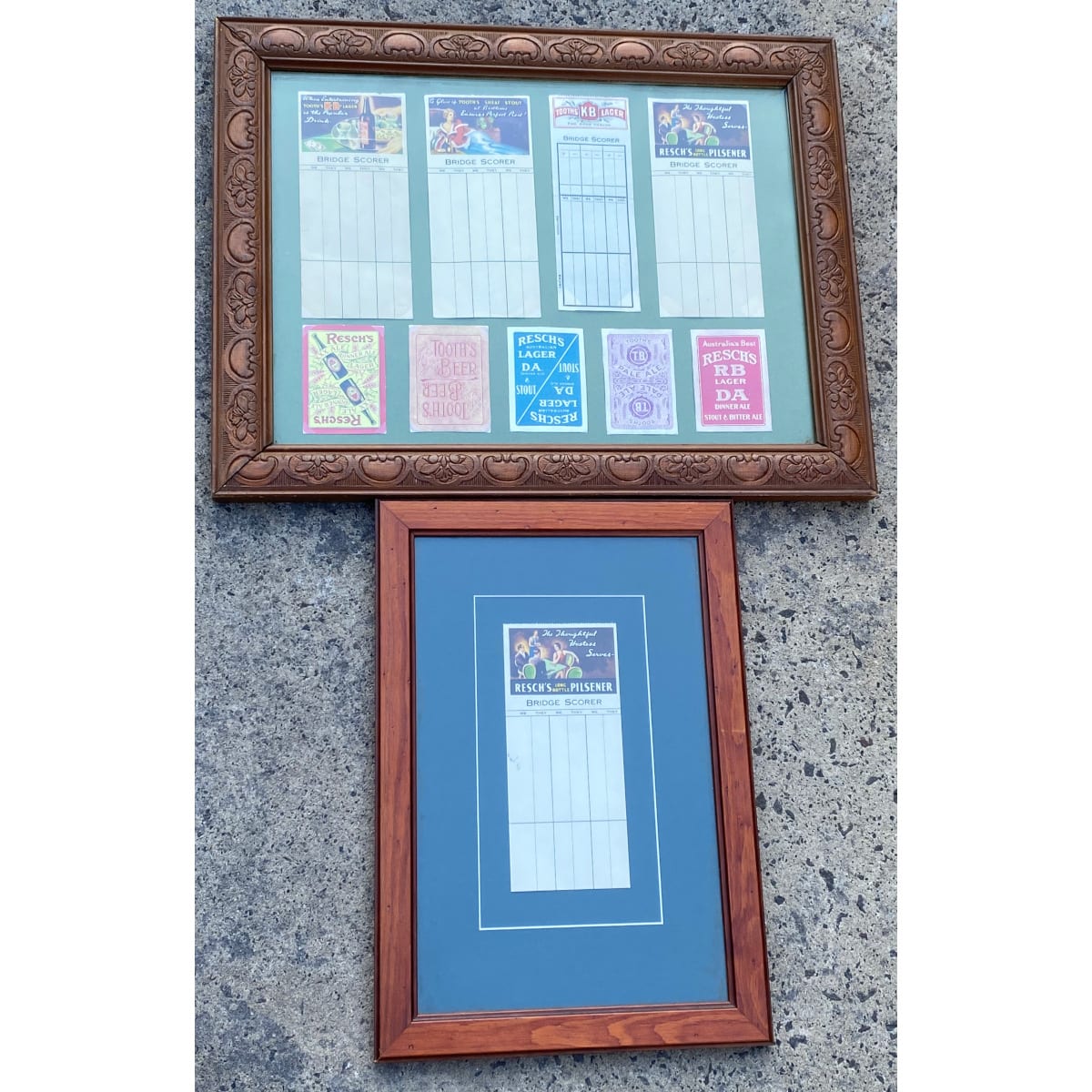 Framed Advertising Pieces: 4 Bridge Scorers & 5 Playing Cards from Reschs & Tooths; Single framed bridge scorer Reschs Long Bottle Pilsener. (Not for post. Arrangements will have to be made by winning bidder for pickup or courier delivery)