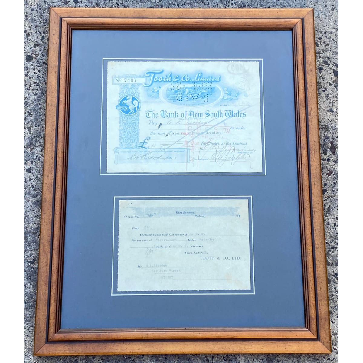 Framed Cheque and Letter from Tooth & Co Ltd. 4 pounds Paid to C. A. Riordan, Pitt St., Sydney for weekly rent of Grosvener Hotel Waterloo. (Not for post. Arrangements will have to be made by winning bidder for pickup or courier delivery)