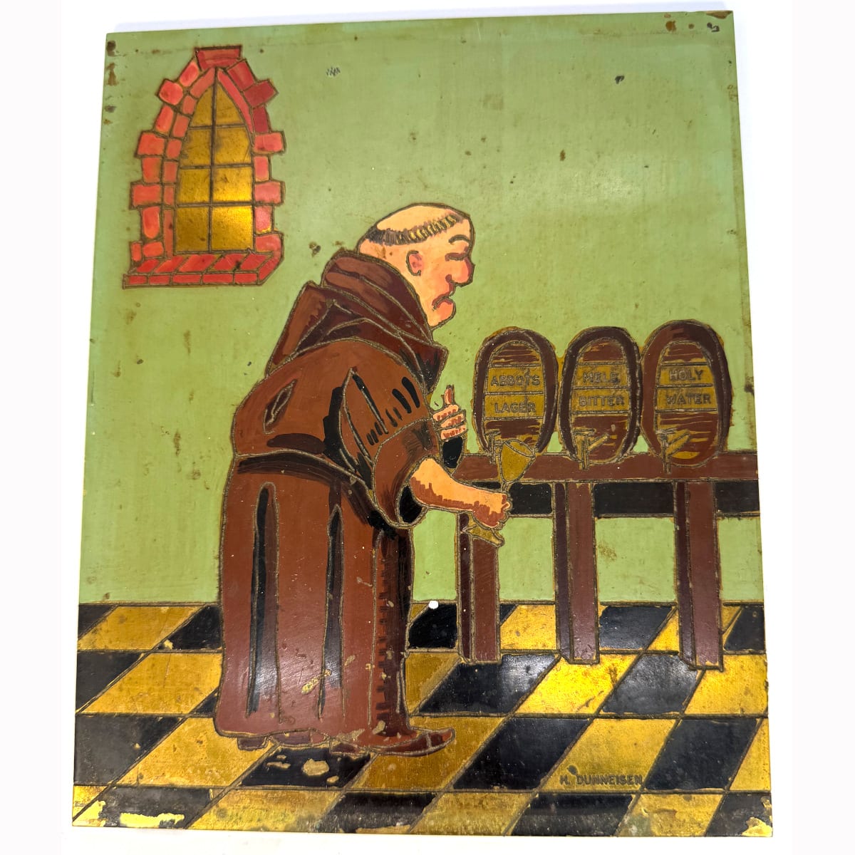 Very heavy brass plate. Engraved or etched design of a monk with barrels of Abbots Lager (his choice), Melb Bitter and Holy Water! Coloured to the surface. Signed H. Dunneisen.