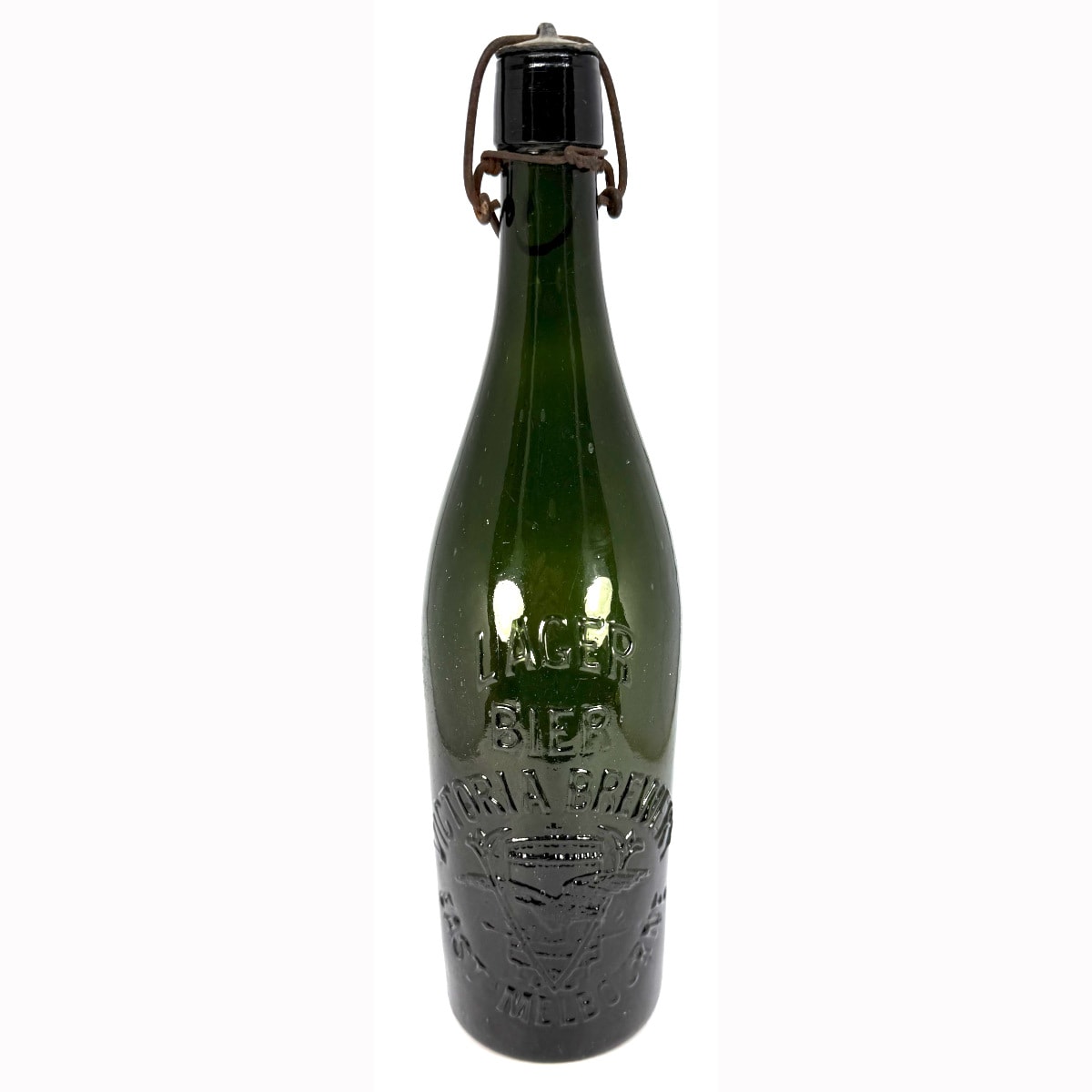 Beer. Victoria Brewery Lager Bier, East Melbourne. M base mark. Green. 26 oz. Original Lightning Stopper. (Victoria)
