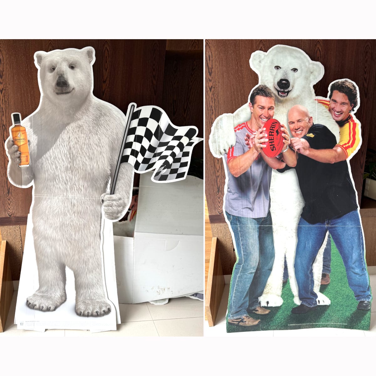 2 Large Corflute Bundaberg Rum Point of Sale Advertising Signs. Bundy Bear with Chequered Flag & Bottle; Bundy Bear with Alistair Lynch, Andrew Jarman & Steve Silvagni. (Not for post. Arrangements will have to be made by winning bidder for pickup or courier delivery)