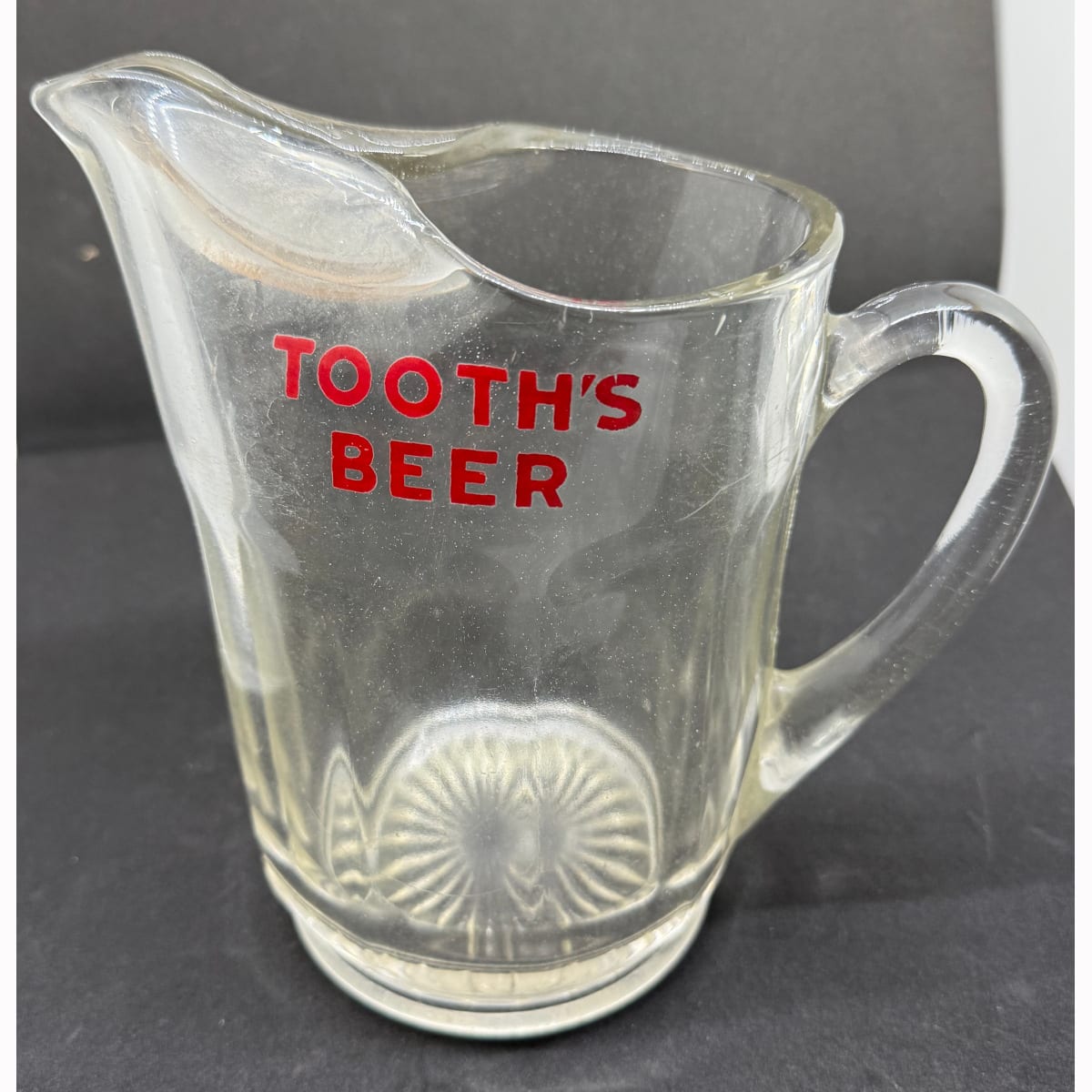 Glass Beer Jug. Red Ceramic Label type Print. Tooth's Beer. (Sydney, New South Wales)