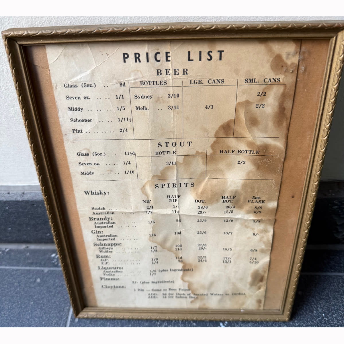 Price List for Beer, Stout & Spirits. Not branded but would be out of a Wagga pub.