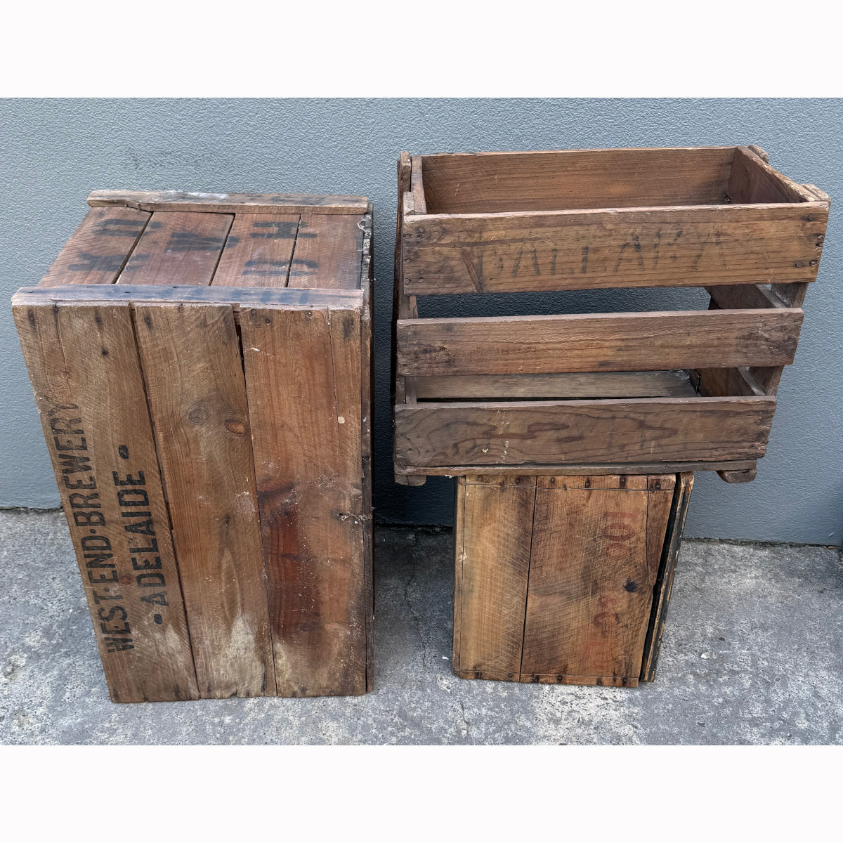 3 Wooden Brewery Boxes: South Australian Brewing Co Ltd West End Brewery Adelaide; Ballarat Brewery; Tooth & Co Sydney. Kent Brewery. (Not for post. Arrangements will have to be made by winning bidder for pickup or courier delivery)