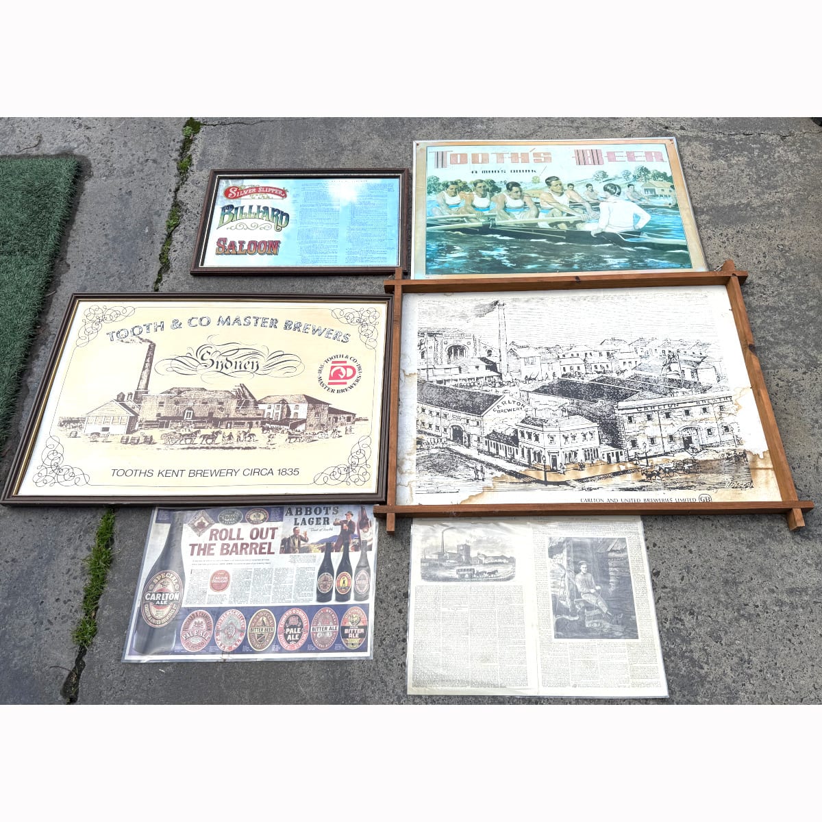 6 large signs/mirrors etc: Rools of Snooker Mirror Reproduction signs for Tooths Beer Tooths Master Brewers and Carlton & United Laminated article on old breweries Laminated 1871 article on Sydney Brewery. (Not for post. Arrangements will have to be made by winning bidder for pickup or courier delivery)