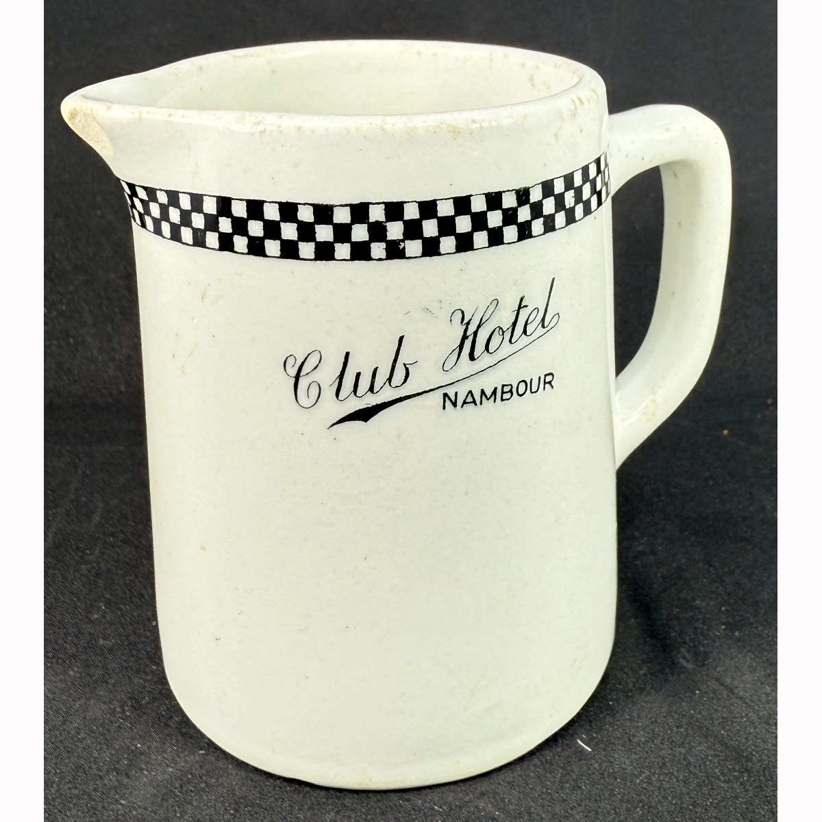 Hotelware Milk or Cream jug. Club Hotel, Nambour. Maddock Vitrified Hotel Ware. Black & White. (Queensland)