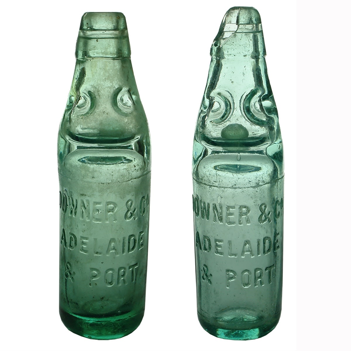2 Codds. Both Downer & Co., Adelaide & Port. 1. FBH base & Applied top. 2. A base with spun top. Dobson. 6 oz. (South Australia)