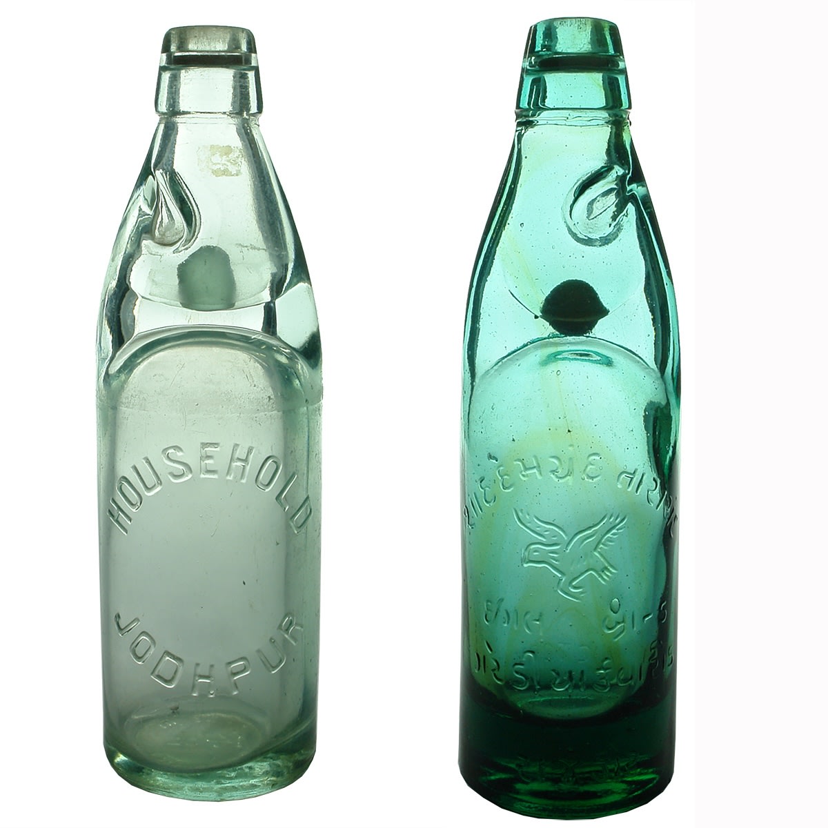 2 Codds. Household Jodhpur. Made in Germany. 14 oz; Victory Codd. Branding in a language I don't recognise. Bird. Green with amber marble. 10 oz.