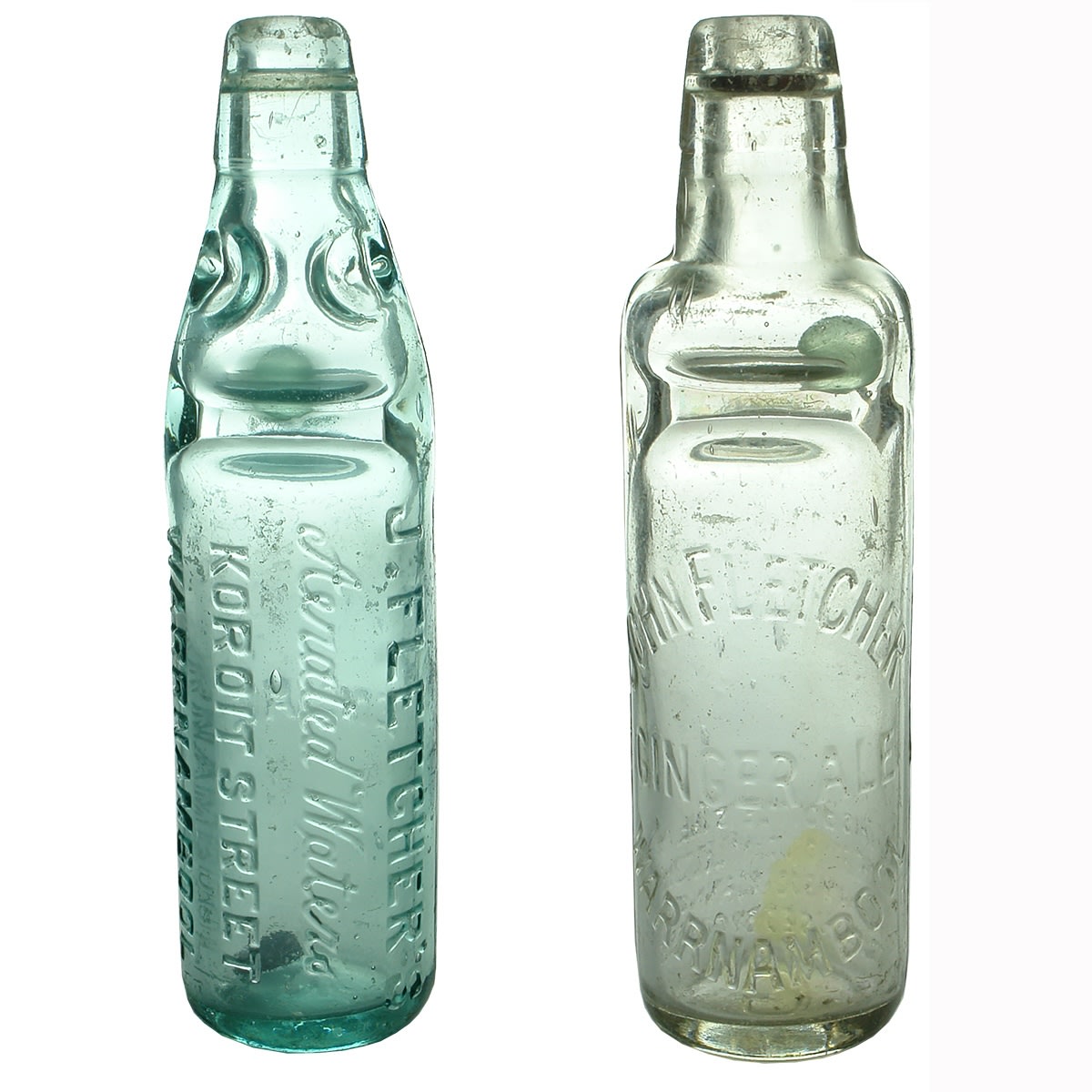 2 Codds. Fletcher's Aerated Waters & John Fletcher Ginger Ale. Warrnambool. (Victoria)