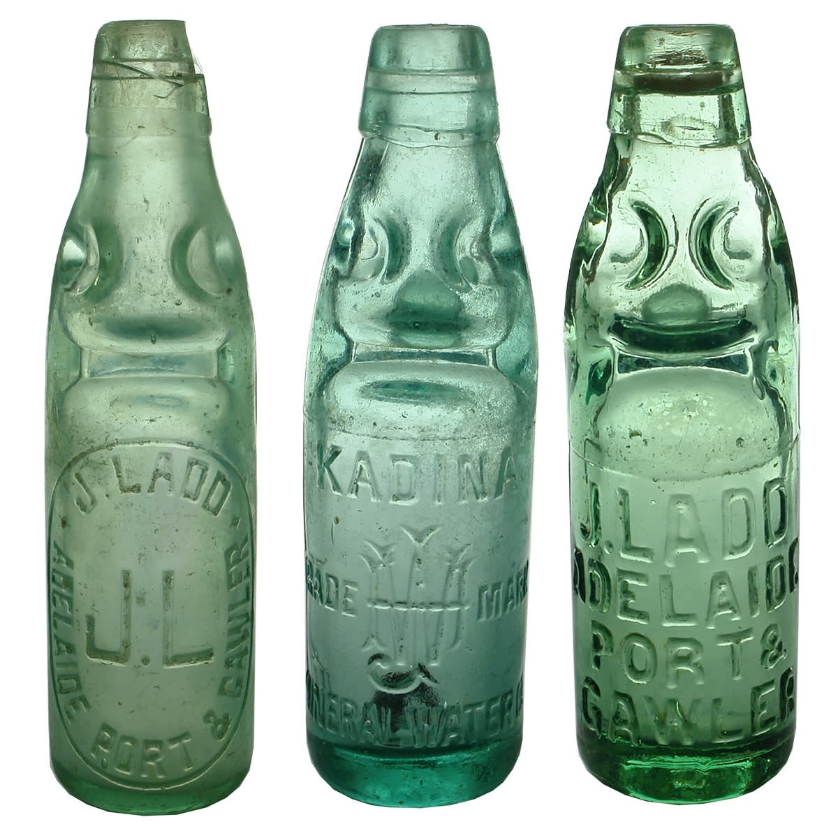 3 Codds: J. Ladd, Adelaide, Port & Gawler with JL Initials; Kadina Mineral Water Co; J. Ladd small one with FBH base mark. (South Australia)
