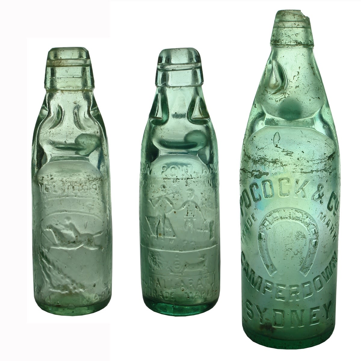 3 Repaired/Damaged Codds: Moonee Valley Co., Melbourne. Big A base mark; E. Rowlands, Ballarat, Melbourne & Sydney. Miner & Farmer; Pocock & Co Camperdown Sydney 26 oz. (Victoria & New South Wales)