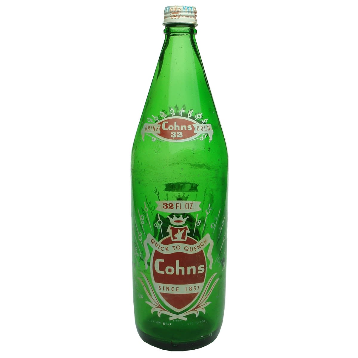 3 Ceramic Label Bottles. Cohns 32 oz. Original Cohns Lemonade Cap. 1st Prize Melbourne Show 1972; Manger & O'Neill Echuca 26 oz Crown Seal; F. C. Grubb Gladstone Internal Thread.