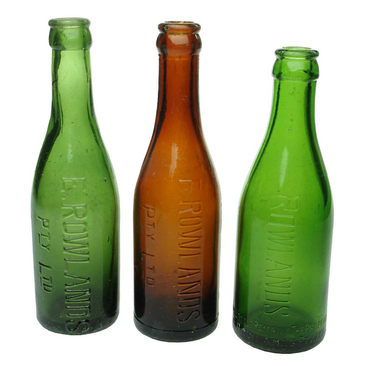 4 Crown Seals. 1. E. Rowlands Pty Ltd. Spun Top. Green. 6 oz. 2. E. Rowlands Pty Ltd. Machine Made. Amber. 6 oz. 3. Rowlands. Machine Made. Green. 6 oz. 4. Schweppes. Green. 10 oz. (Victoria, New South Wales)