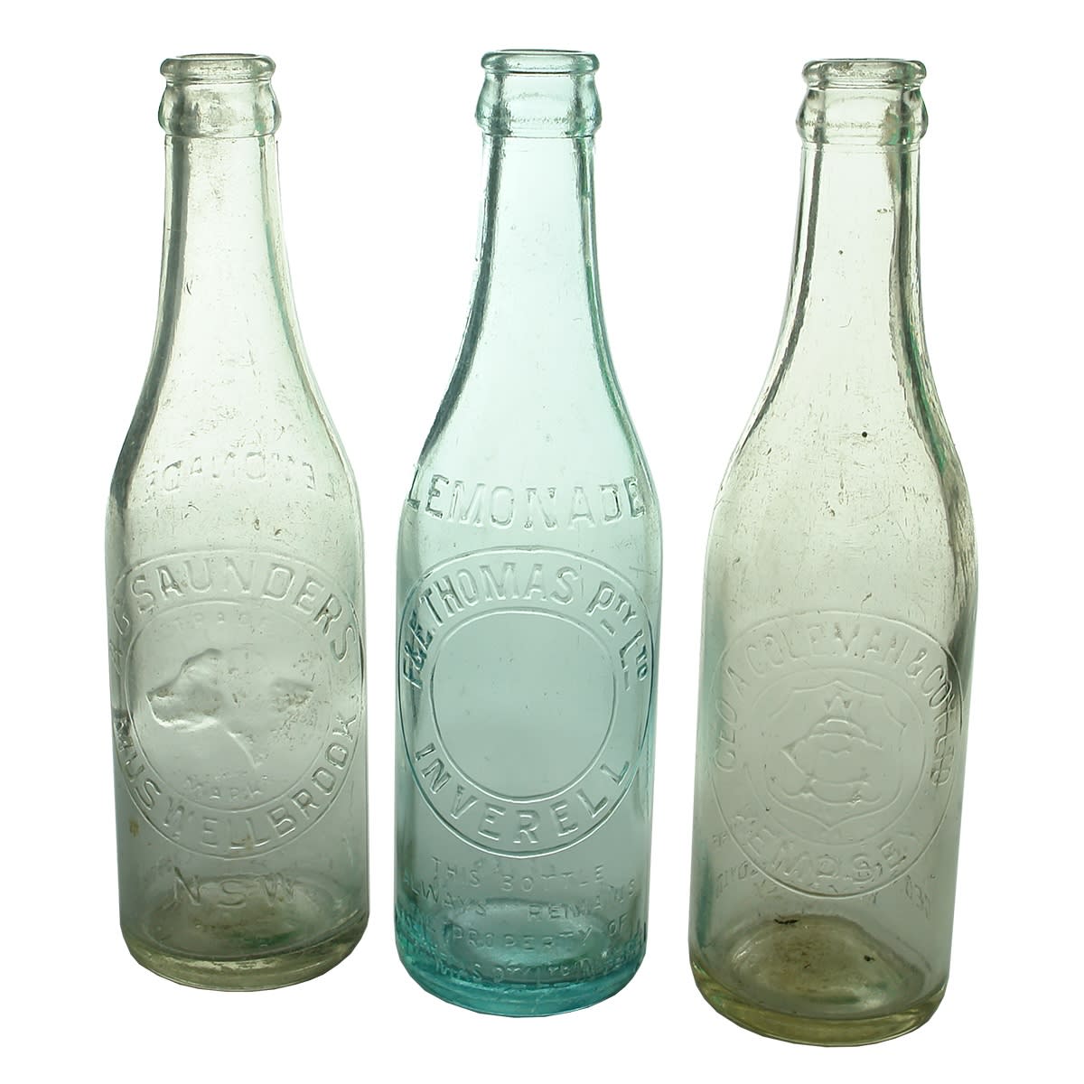 Crown Seals. 1. A. G. Saunders, Muswellbrook. Clear. 10 oz. 2. F & E. Thomas Pty Ltd, Inverell. Aqua. 10 oz. 3. Geo. A. Coleman & Cy. Ltd., Kempsey. Clear. 10 oz. (New South Wales)