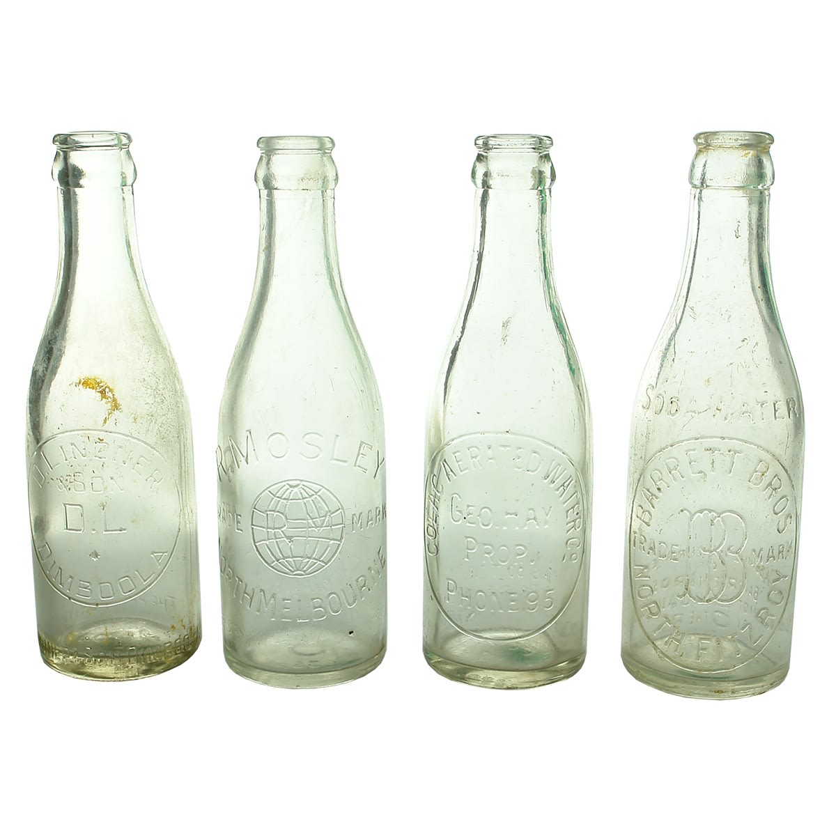 Crown Seals. 1. D. Lindner, Dimboola. Clear. 6 oz. 2. R. Mosley, North Melbourne. Clear. 6 oz. 3. Colac Aerated Water Co., Geo Hay. Clear. 6 oz. 4. Barrett Bros., North Fitzroy. Clear. 6 oz. (Victoria)