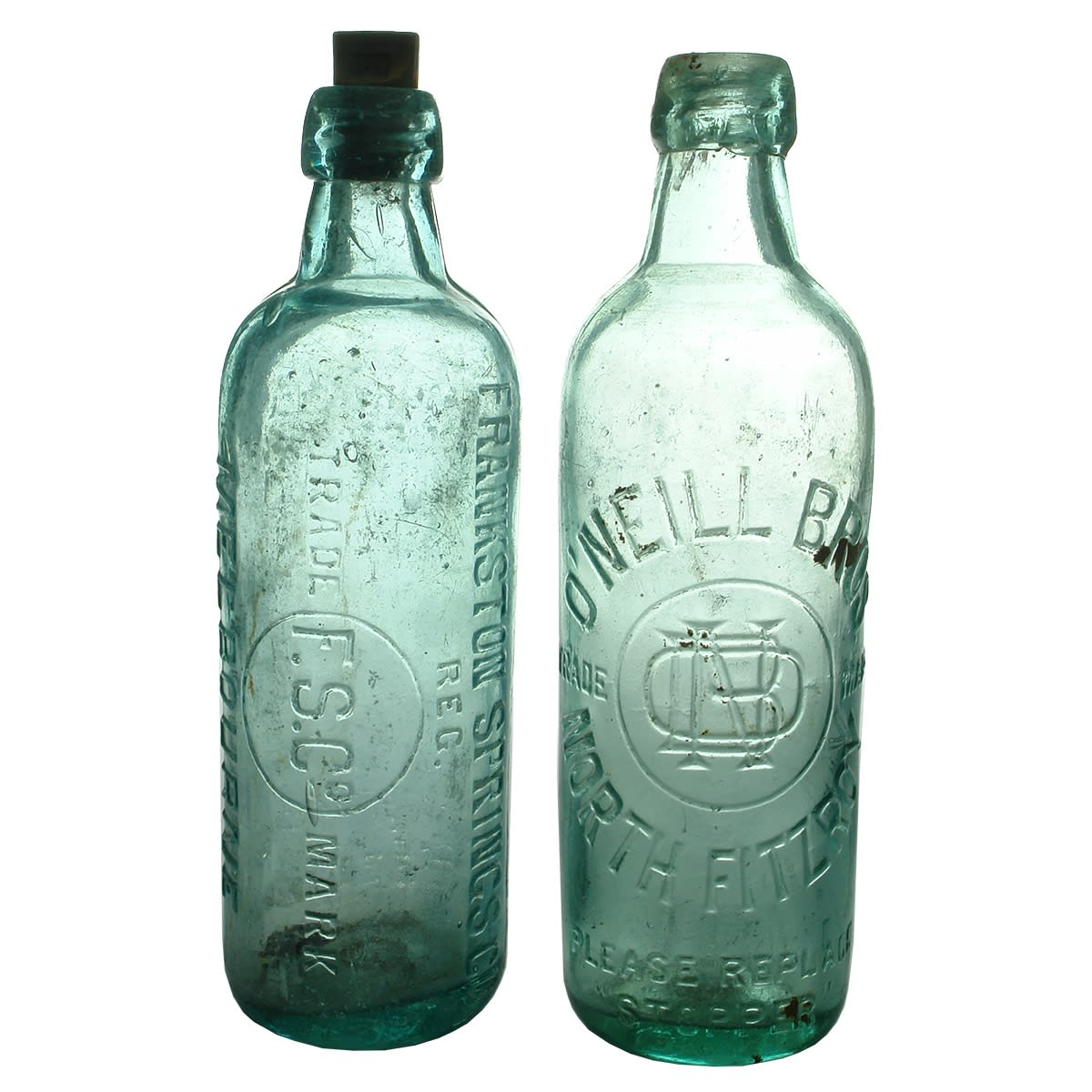 3 Internal Threads: 1. Frankston Springs Co., Melbourne. F. S. Co. Aqua. 26 oz. 2. O'Neill Bros., North Fitzroy. Aqua. 26 oz. 3. T. O. Hunter, Bendigo. Machine top. (Victoria)