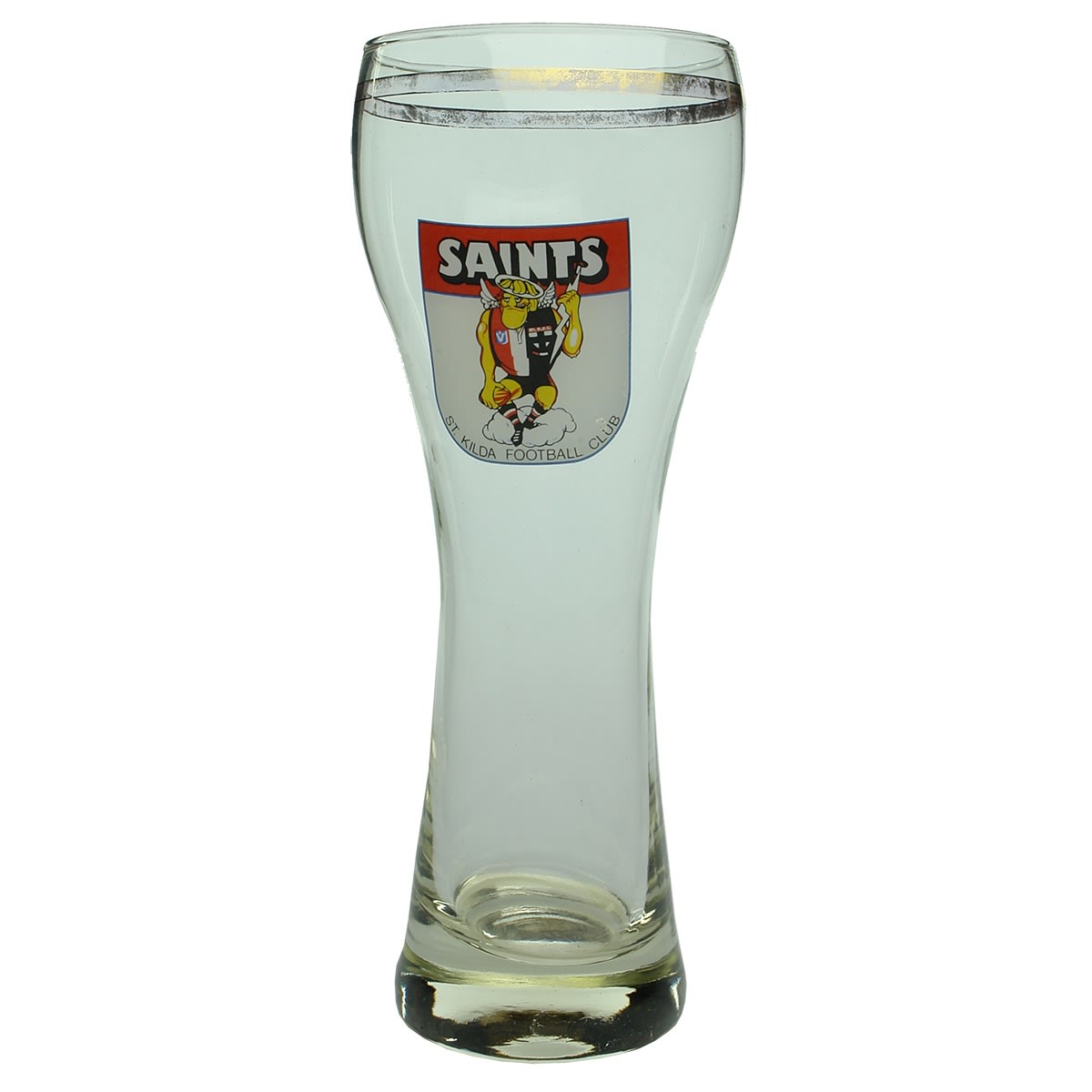 4 Beer Glasses with Ceramic label like decoration for football clubs: St Kilda; West Coast Eagles; North Melbourne; Richmond.