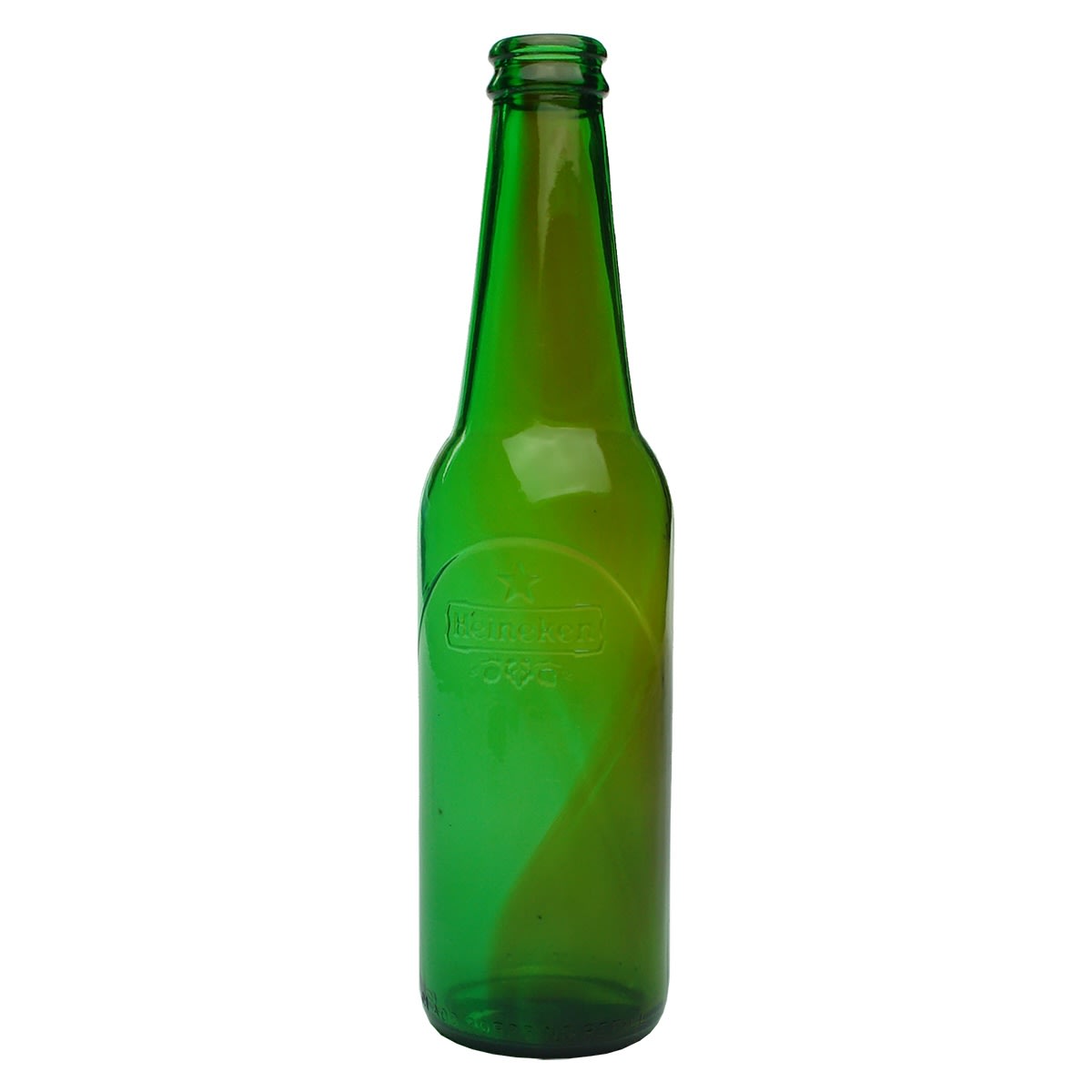 Beer. Three modern beers: 1. Heineken, green with wide brown swirls. 2. Modern amber stubby with screw top, swirled neck. 3. Modern amber stubby with screw top, swirled neck.