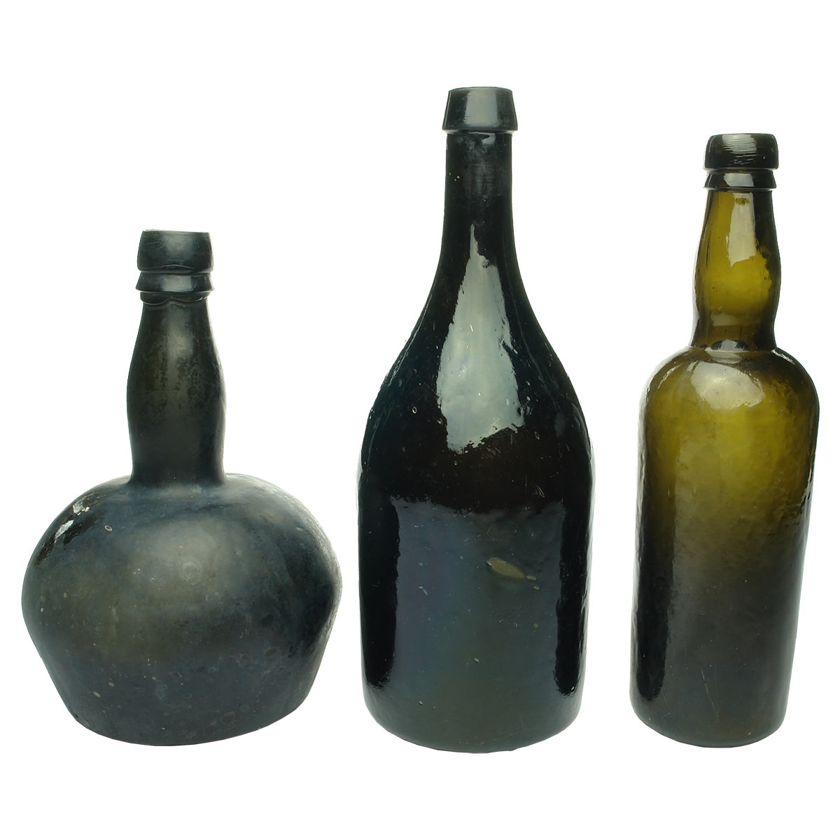 11 Plain Black Bottles: 1850s Goldfields era+. Machen Beer; Thick and Thin; Squat later mallet type shape; and so on. NOT FOR POST. PICKUP ONLY AT WHITTLESEA, WEST MELBOURNE or AT A BOTTLE SHOW.