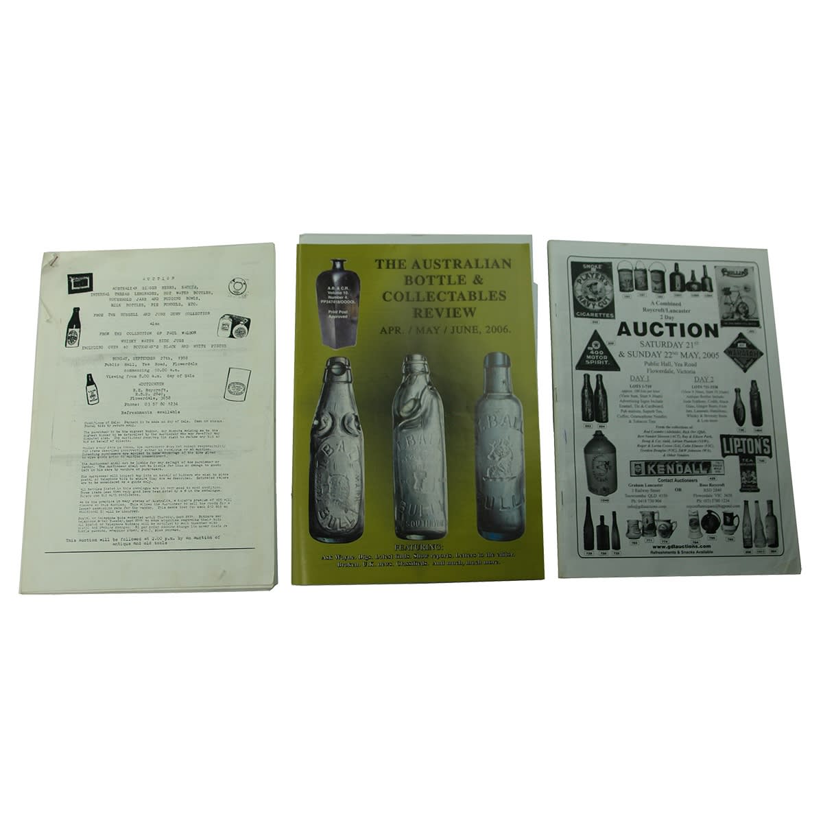 11 Books. 1. Russell and June Dunn Collection, 1998. 2. ABCR, Volume 10, Number 4, 2006. 3. Auction Catalogue, 2005. 4. ABCR, Volume 10, Number 3, 2006. 5. Roycroft/Lancaster Auction Catalogue, 2006. 6. - 10. Australian Bottle Price Guides. 11. One Thousand Stone Ginger Beers, Roycroft.