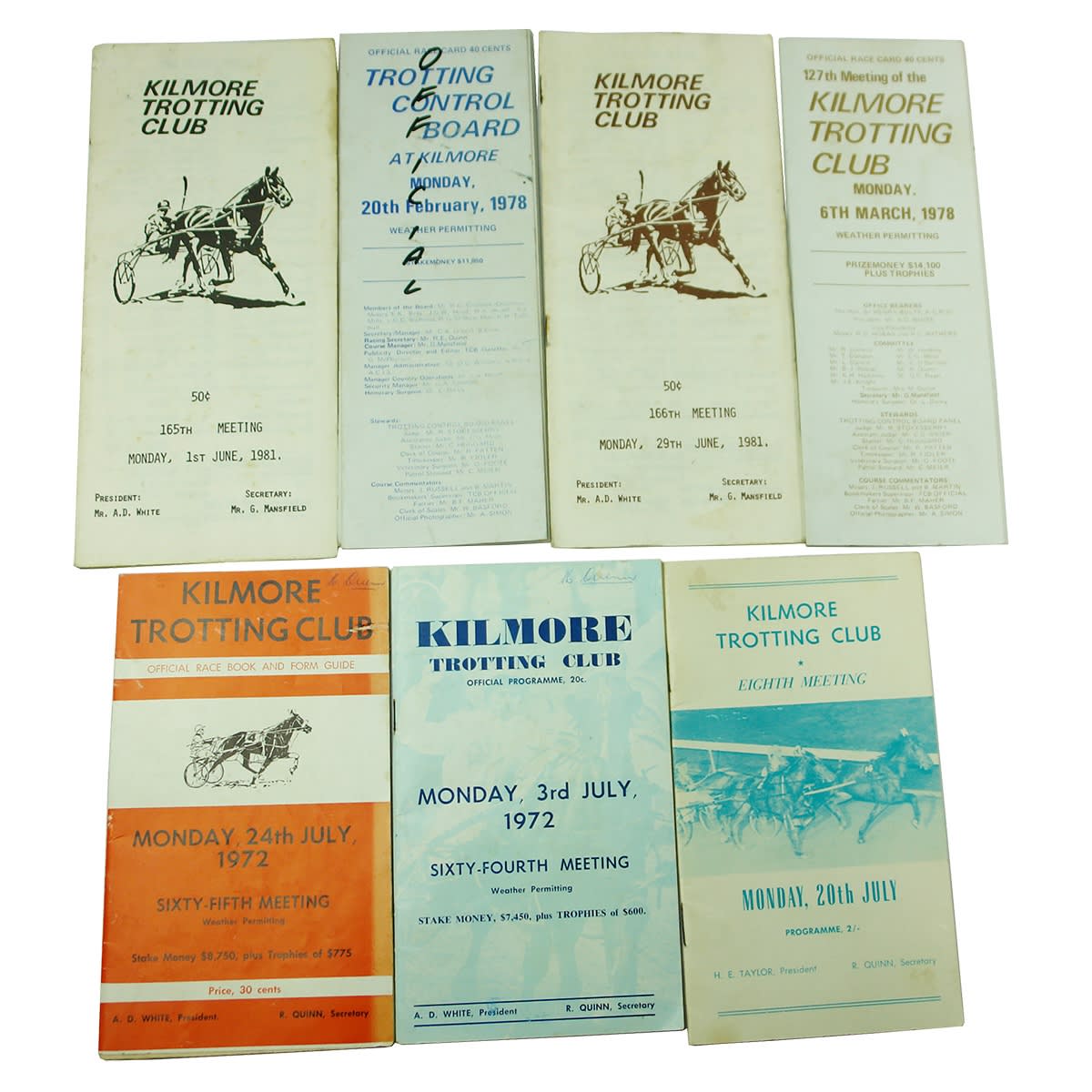 Ephemera. 7 x Kilmore Trotting Club Official Race Books and Form Guides from 1960s to 1980s. (Victoria)