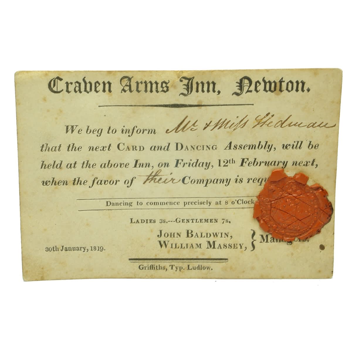 Ephemera. Craven Arms Inn, Newton Dancing Assembly Invite, 30th January 1819 with Wax Seal.