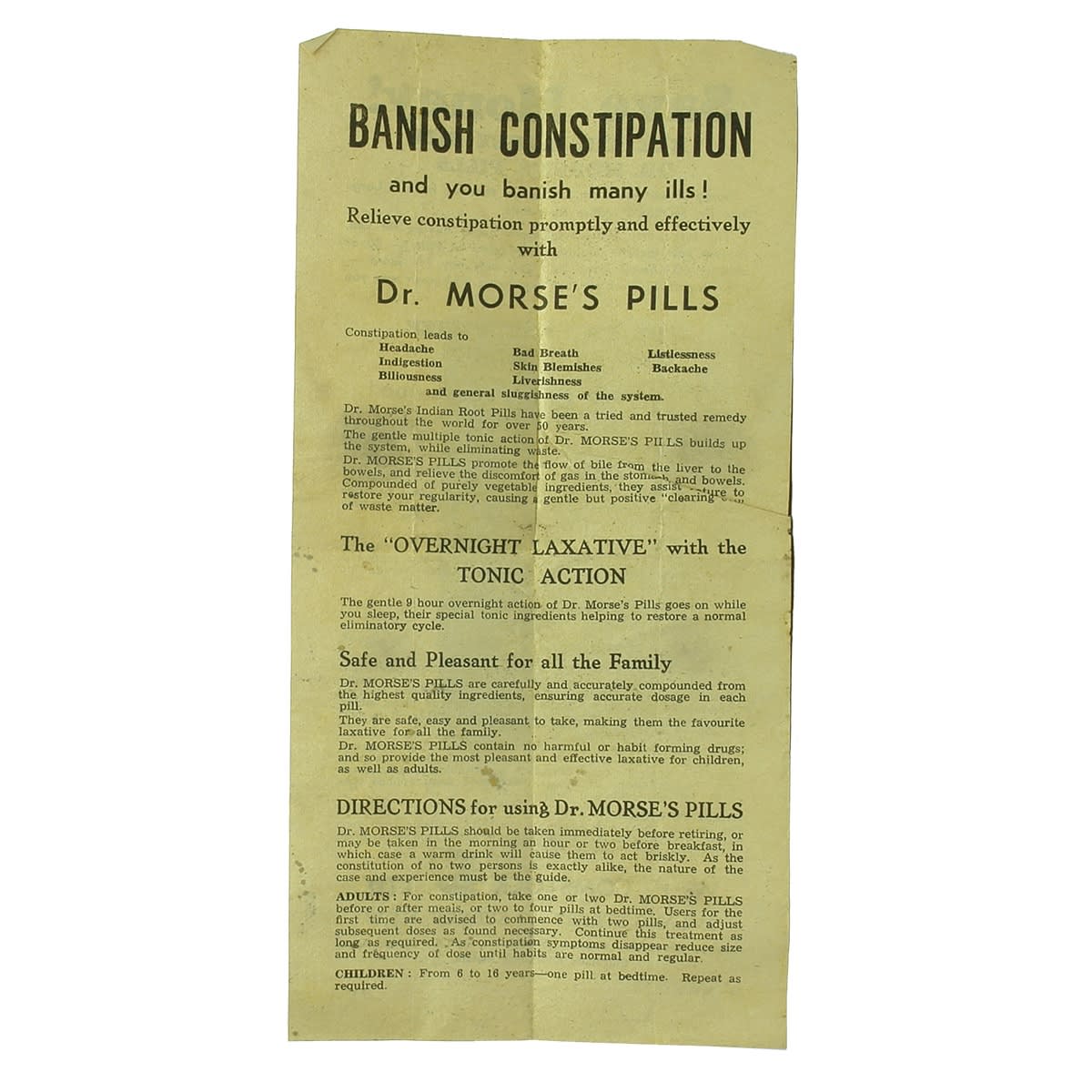 3 Bottle related pieces of Ephemera. Advertising leaflet for W. H. Comstock, Sydney, Dr Morses Pills; M. Punshon & Co Maldon, Symingtons Coffee Essence; Boston Blacking Co., Richmond.