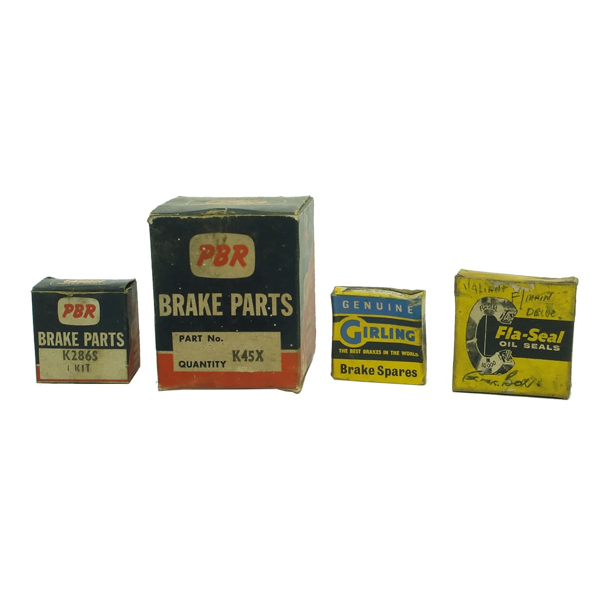 Garagenalia. Four boxes: 1. PBR Brake Parts, K286S, 1 Kit. 2. PBR Brake Parts, K45X. 3. Girling Brake Spares, Seal 362042. 4. Fla-Seal Oil Seals.