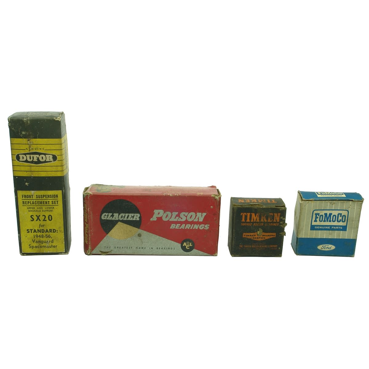 Garagenalia. 1. Dufor Front Suspension Replacement Set SX20 for 1948-56 Vanguard Spacemaster. 2. Glacier Polson Bearings to suit Ford. 3. Timken Bearing Company, 09074 Cone. 4. FoMoCo (Ford) B7A 12171A Contact Set.