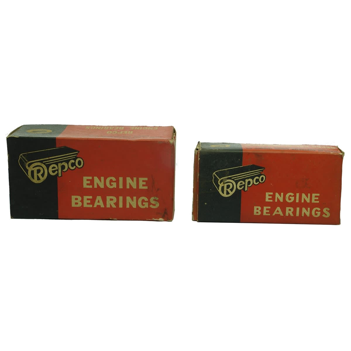 Garagenalia. Repco Engine Bearings Boxes, Launceston, Tasmania, larger empty box and a smaller box with contents of a con rod set to suit B. M. C. "B" Motor, 1955 on. (Tasmania)