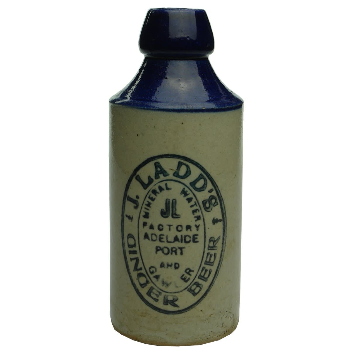 2 Ginger Beers: Different varieties of J. Ladd Adelaide Port & Gawler. Bendigo Pottery. Blue tops. (South Australia)